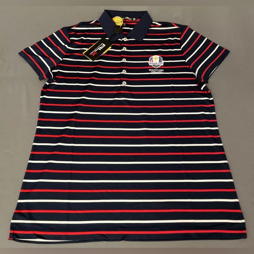 RLX Ralph Lauren Womens Ryder Cup Logo Golf Shirt Polo Large Blue Striped